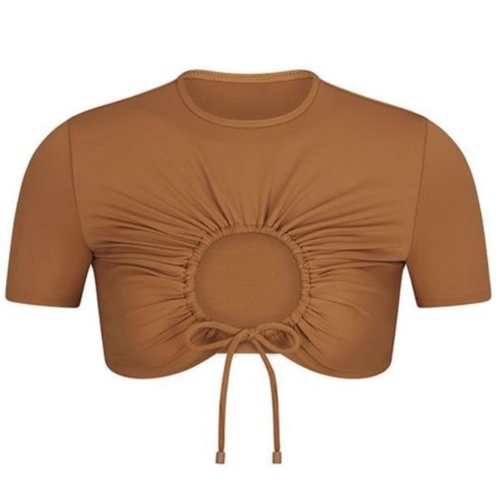 SKIMS SIGNATURE SWIM RUCHED T-SHIRT COLOR ALMOND SIZE 2X